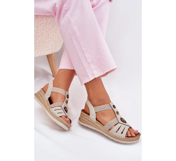 Sandały Damskie Na Koturnie Z Ozdobami Inblu RV000015 Jasnobeżowe