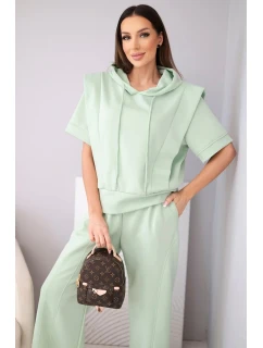 Dámský komplet máslová mikina s kapucí a volné kalhoty se šňůrkou tmavě mátová