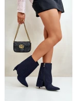 Dámské boty s pruhy na jehlách s ohrnutým svrškem a  tmavě modré model 21670406 - Boto