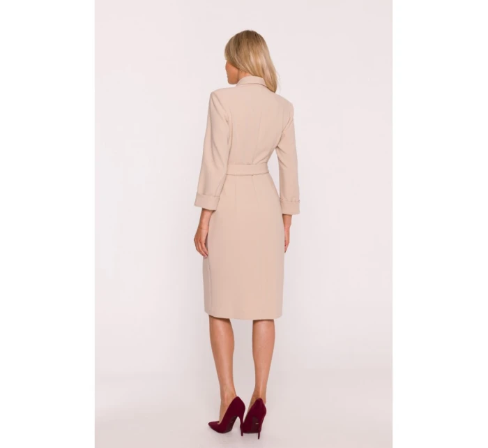 S415 Košeľové šaty viazané v páse - béžové