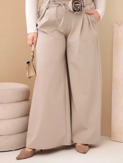 Plus veľkosť dámske široké nohavice s ozdobným kvetom v páse béžová
