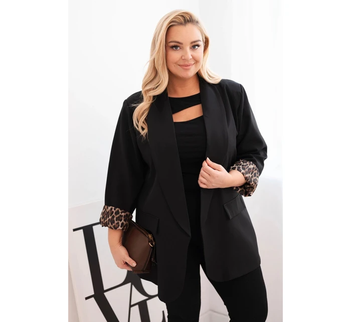 Dámská sako Plus Size s podšívkou v leopardím vzoru černá Dámská sako Plus Size s podšívkou v leopardím vzoru černá