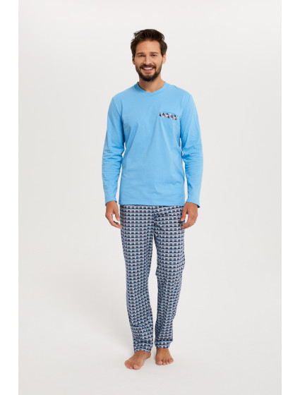 Jaromír pánske pyžamo s dlhým rukávom, dlhé nohavice - modrá/print