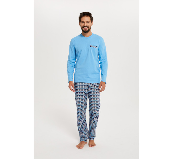 Jaromír pánske pyžamo s dlhým rukávom, dlhé nohavice - modrá/print
