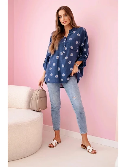 model 21911564 dámská halenka s květinovým vzorem, dlouhými rukávy a knoflíky Džínová - K-Fashion model 21911564 dámská halenka s květinovým vzorem, dlouhými rukávy a knoflíky Džínová - K-Fashion
