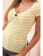 Dámska bavlnená pruhovaná rebrovaná blúzka s výstrihom a ozdobným krúžkom zelená