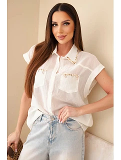 Dámska košeľa z tencelu s ozdobným golierom a vreckami svetlo béžová