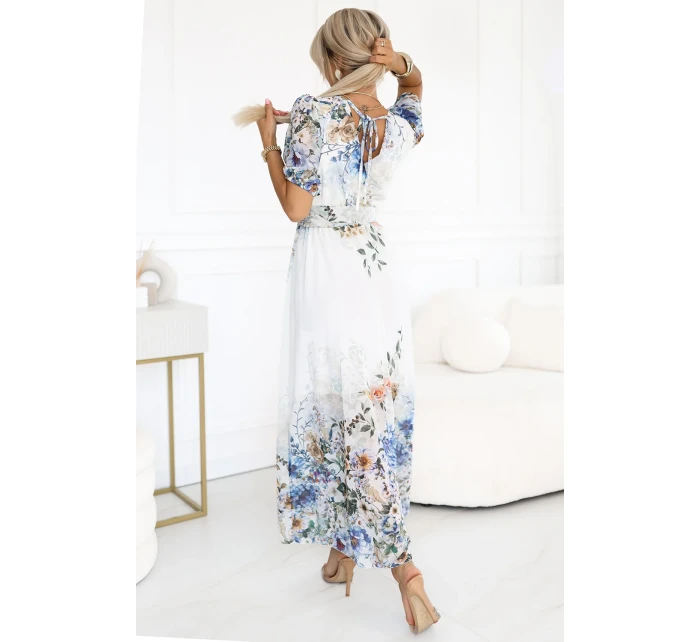 613-1 CELINA Vzdušné maxi šaty s obálkovým výstrihom, opaskom a kvetinovým ombre - MODRÁ 613-1 CELINA Vzdušné maxi šaty s obálkovým výstrihom, opaskom a kvetinovým ombre - MODRÁ