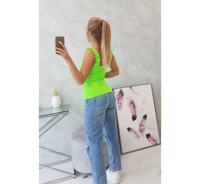 Halenka bez ramínek s volánky zelená neonová Halenka bez ramínek s volánky zelená neonová