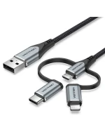 Vention USB-A 3v1 Micro-B USB-C Lightning kábel 1 m sivý