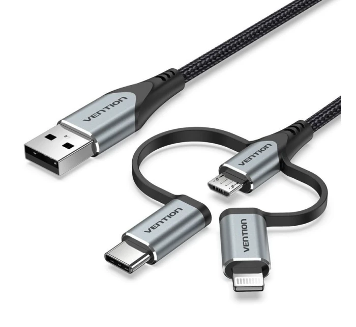Vention USB-A 3v1 Micro-B USB-C Lightning kábel 1 m sivý