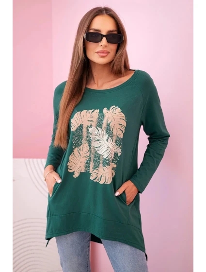 Dámská halenka s kapsami a ozdobným potiskem zelený Dámská halenka s kapsami a ozdobným potiskem zelený