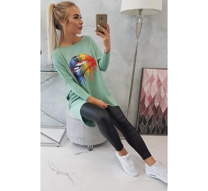 Oversize halenka s potiskem model 18745336 rtů tmavě mátová - K-Fashion Oversize halenka s potiskem model 18745336 rtů tmavě mátová - K-Fashion