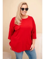 Dámská blůza Plus Size s bavlnou, kapsou a ohrnutým rukávem červená