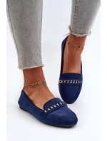 Błyszczące Mokasyny Damskie Z Łańcuchem Granatowe Aredilla