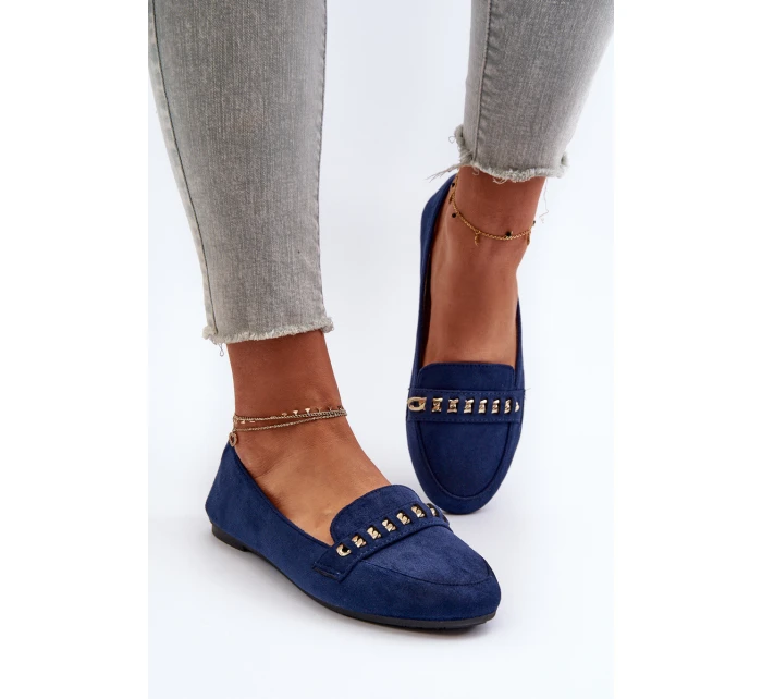 Błyszczące Mokasyny Damskie Z Łańcuchem Granatowe Aredilla