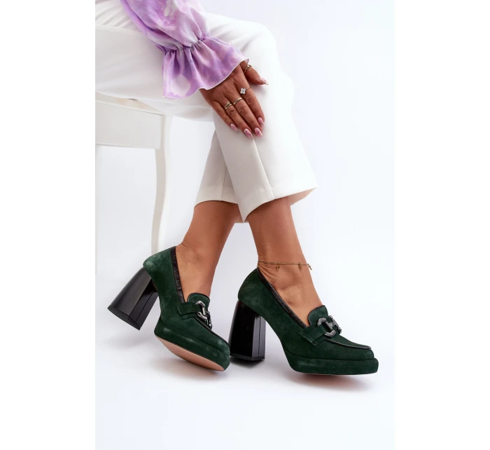 Skórzane Czółenka Na Masywnym Słupku Laura Messi 2706 Ciemnozielone