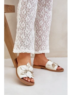 Klapki Z Ozdobą Skóra Naturalna Zazoo 3667 Białe