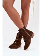 Zamszowe Botki Damskie Z Ozdobnymi Kwiatkami Zazoo 3085 Brązowe