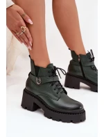 Skórzane Botki Damskie Na Klocku Z Ozdobnym Paskiem Ocieplane Zazoo 60557 Ciemnozielone