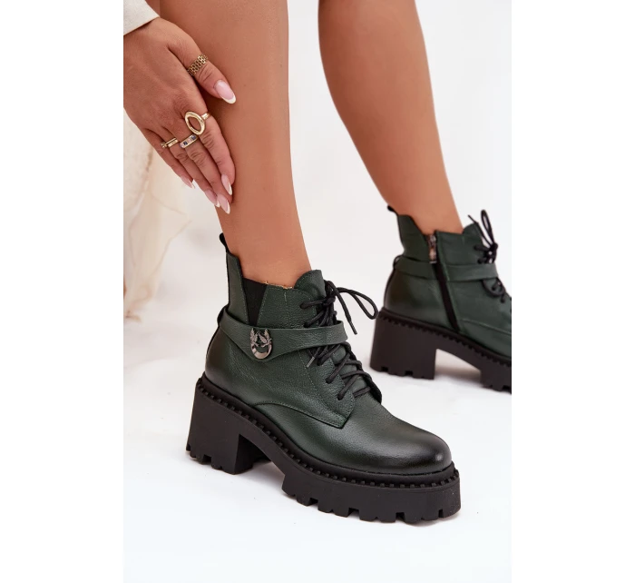 Skórzane Botki Damskie Na Klocku Z Ozdobnym Paskiem Ocieplane Zazoo 60557 Ciemnozielone