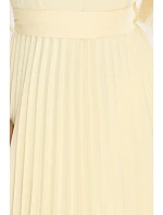 311-21 LILA Klasické plisované šaty s krátkymi rukávmi a opaskom - maslovo žlté