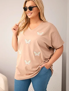 Dámská bavlněná halenka Plus Size s model 22185737 camelová - K-Fashion