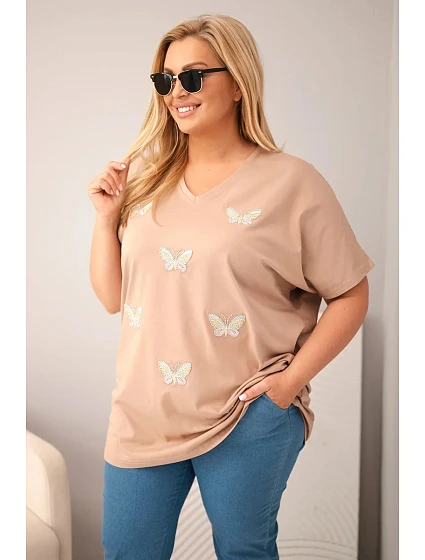 Dámske bavlnené Plus veľkosť blúzka s motýlikmi Camel