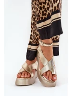 Sandały Damskie Na Platformie I Koturnie Eko Skórzane Złote Tenzorus Sandały Damskie Na Platformie I Koturnie Eko Skórzane Złote Tenzorus