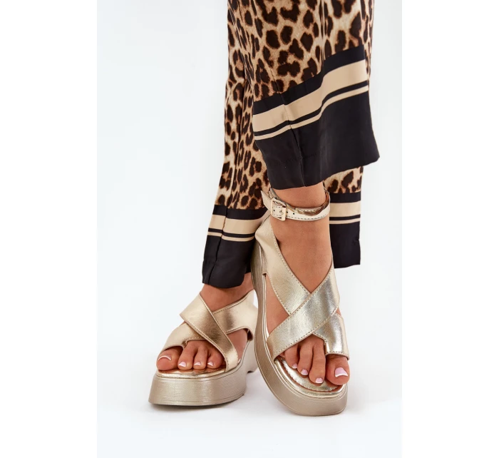 Sandały Damskie Na Platformie I Koturnie Eko Skórzane Złote Tenzorus Sandały Damskie Na Platformie I Koturnie Eko Skórzane Złote Tenzorus