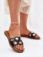 Klapki Damskie Na Płaskim Obcasie Ze Złotymi Przypinkami Czarne Nalothiel