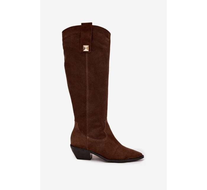 Kožené semišové kozačky cowboyové zateplené Zazoo 4224 čokoládové