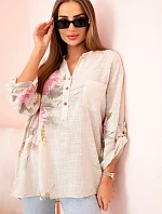 Dámska bavlnená blúzka s kvetinovým vzorom a gombíkmi béžová