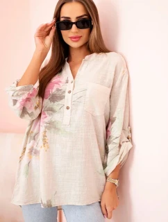 Dámska bavlnená blúzka s kvetinovým vzorom a gombíkmi béžová