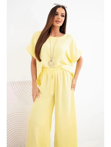 Dámska viskózna blúzka s krátkym rukávom a široké nohavice žltá