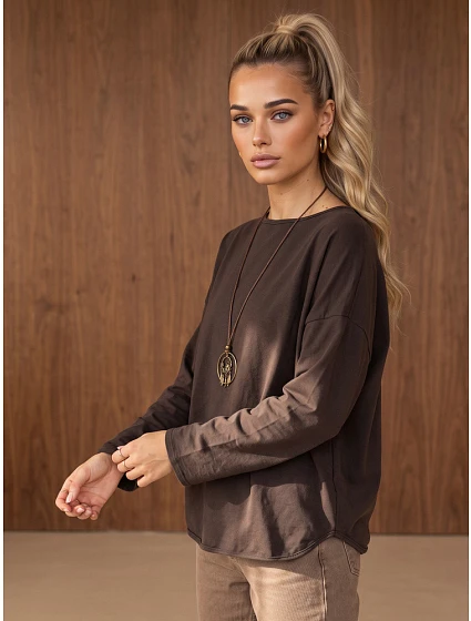 Dámska bavlnená blúzka oversize s príveskom, čokoládová, FashionStreet RY2942 Dámska bavlnená blúzka oversize s príveskom, čokoládová, FashionStreet RY2942