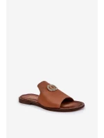 Eleganckie Skórzane Klapki Damskie Z Ozdobą Zazoo 3008 Camel