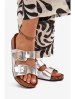 Dámske papuče na korkovej platforme s prackami - strieborné