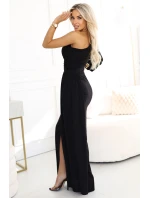 model 21822290 Třpytivé maxi šaty na jedno rameno s asymetrickými rukávy a rozparkem černé - numoco