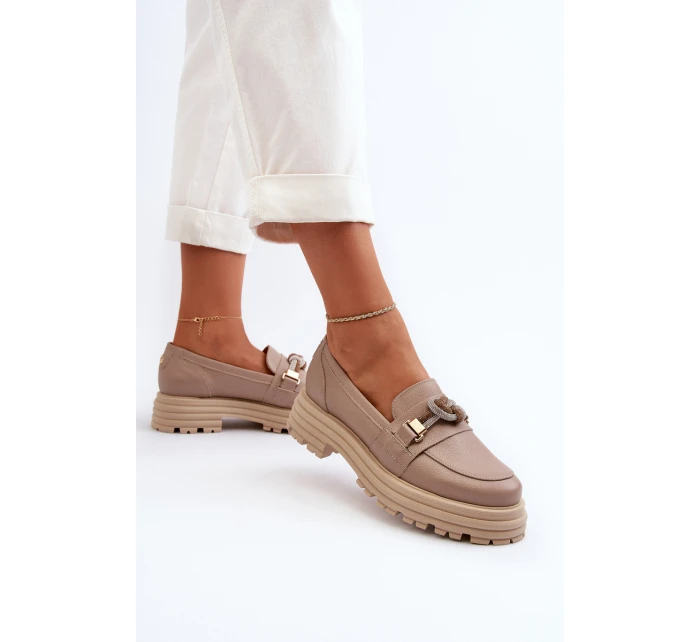 Skórzane Mokasyny Damskie Z Ozdobą Laura Messi 2780 Ciemnobeżowe