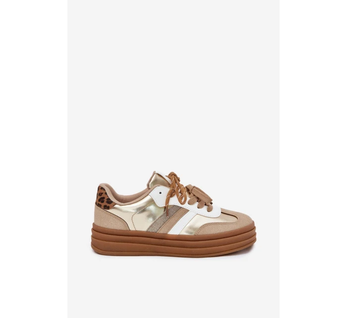 Sneakersy Damskie Na Platformie Z Podwójnym Sznurowaniem Panterka Złote Niteria Sneakersy Damskie Na Platformie Z Podwójnym Sznurowaniem Panterka Złote Niteria