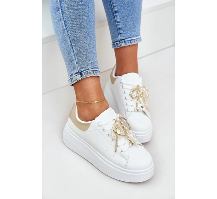 Sneakersy Damskie Na Platformie Z Ozdobami Biało-Złote Lerissna