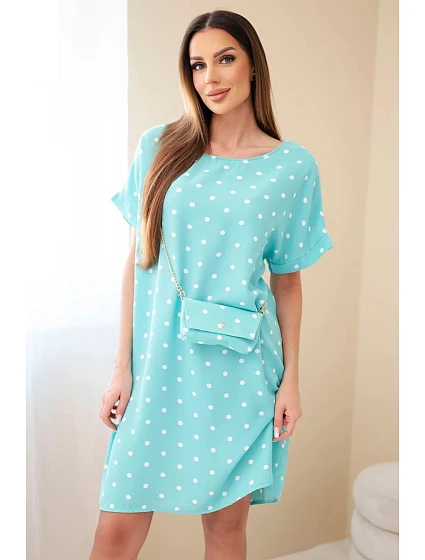 Dámske šaty s bodkami, krátkymi rukávmi a kabelkou mätovej farby
