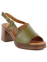 Dámské kožené sandály na podpatku zelené model 22116369 - VINCEZA