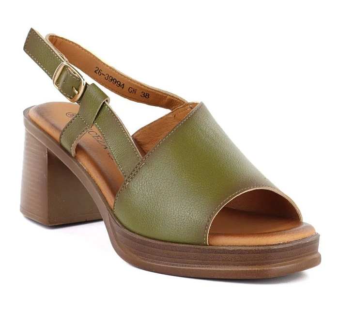 Dámské kožené sandály na podpatku zelené model 22116369 - VINCEZA