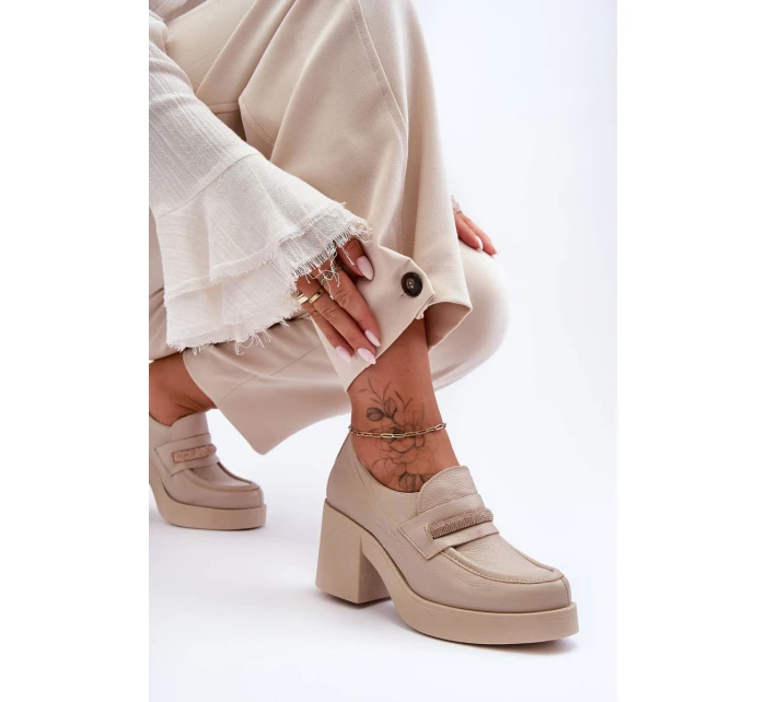 Skórzane Półbuty Na Słupku Z Ozdobą Beżowe Lemar Gelanor Skórzane Półbuty Na Słupku Z Ozdobą Beżowe Lemar Gelanor