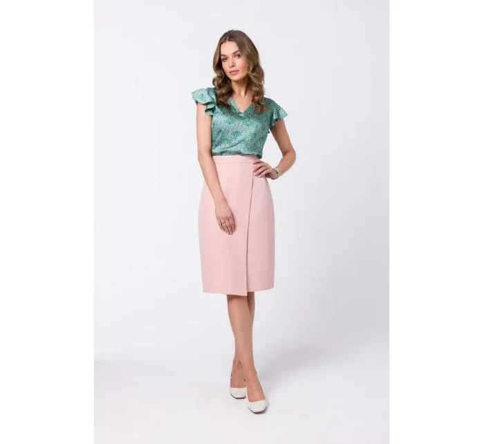 S343 Sukňa áčkového strihu so zavinovacími detailmi - púdrová