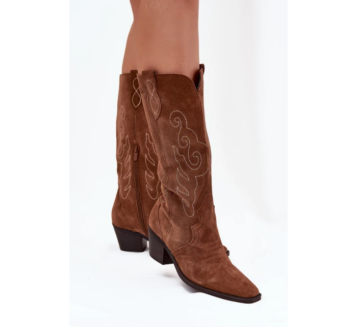 Zamszowe Kozaki Kowbojki Damskie Na Obcasie Camel Karira