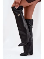 Ocieplane Kozaki Z Wywiniętą Cholewką Za Kolano Obcas Słupek Czarne Serelle