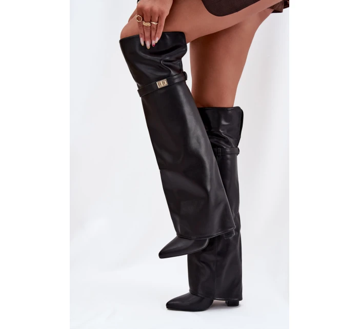 Ocieplane Kozaki Z Wywiniętą Cholewką Za Kolano Obcas Słupek Czarne Serelle